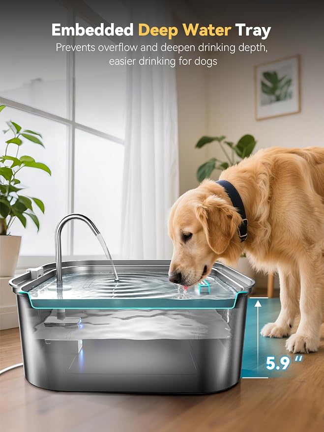 Large Dog Water Fountain 14L/3.7Gal, Stainless Steel Pet Fountain for Large Dogs and Multi-Pets Families, Visible Window & Extra Wide Drinking Area, Enlarges Capacity & Saves Space (with 3pcs Filters)