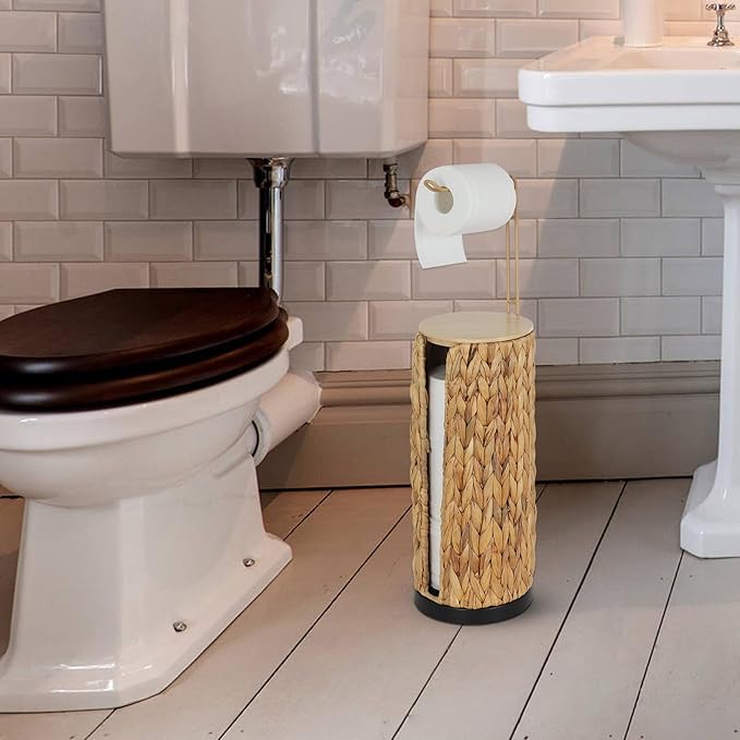 Freestanding Toilet Paper Holder with Storage,3 Rolls of Tissue Holder for Bathroom,Handmade Woven Toilet Paper Roll Holder Stand,Water Hyacinth Boho Bathroom Decor Farmhouse Toilet Paper Storage