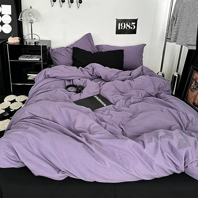mixinni Solid Purple Duvet Cover Set Queen Size - 100% Washed Cotton 3-Piece Minimalist Bedding Set, Ultra Soft Breathable Solid Color Purple Comforter Cover with Zipper & Corner Ties, King Size