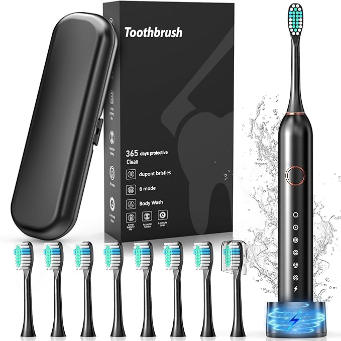 Electric Toothbrush, Sonic Type for Adults & Teens, 8 Brush Heads, Travel Case, 6 Modes, 40000 VPM Electric Motor, IPX7 Waterproof, 2 Minutes Timer, Wireless Charging, One Charge for 100 Days-Black