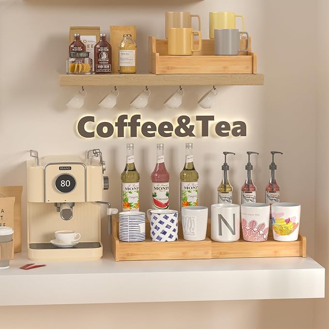 Hongtamoya 2-Tier Expandable Bamboo Coffee Mug Holder, Mug Organizer for Kitchen Cabinets, Mug Cup Rack, Multi-Functional Cup Holder Shelf, Coffee Bar Organizer, Home