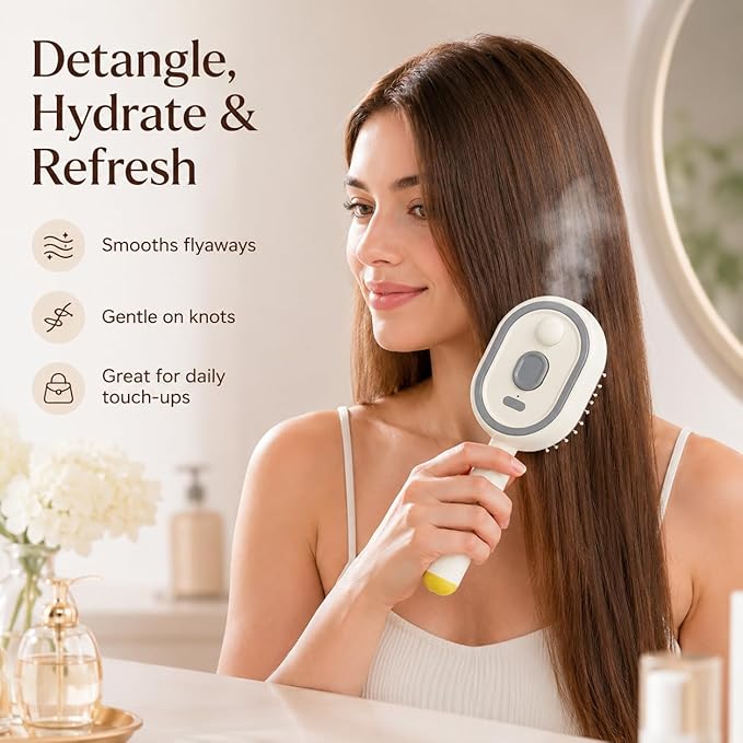 Electric Steam Brush for Hair, Electric Spray Air Cushion Comb for Women, Rechargeable Water Spray Hair Brush, Detangling & Anti-Static Hair Brush, Reduce Frizz, Smooth & Nourish