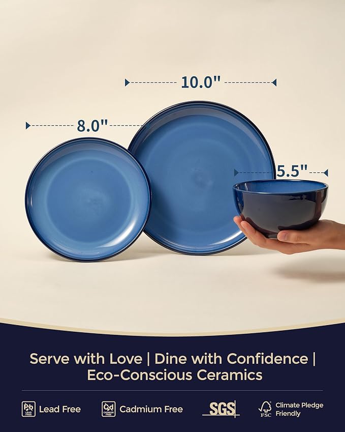 Pokini Blue Stoneware Dinnerware Set, 12 pcs Reactive Glaze Plates and Bowls Sets, Handmade Round Dishes Set for 4, Highly Chip and Crack Resistant Modern Plate Set