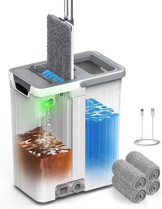 Mop and Bucket Set with Auto-Spray Cleaning, 3-Zone Separate Dirty and Clean Water, Flat Mop and Bucket System with Wringer and Wheels, 4 Reusable Pads, High-Efficiency Cleaning for Home Floor Wall
