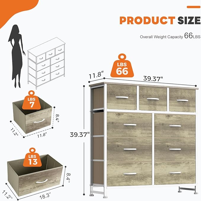 Sweetcrispy 9 Drawer Fabric Dresser Storage Tower with Wood Top and Steel Frame, Organizer Chest with Easy Pull Handles for Bedroom, Closet, Hallway,Oak Greige
