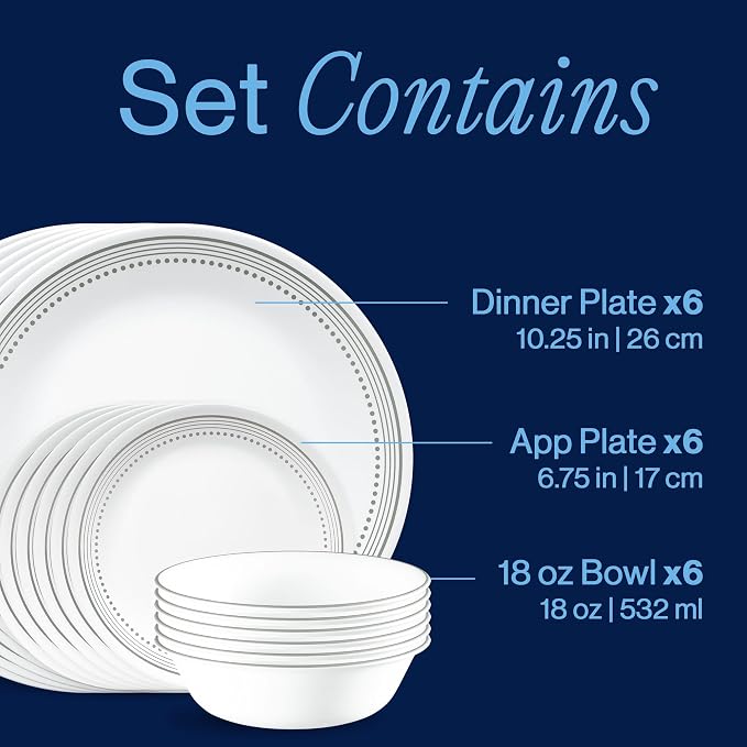 Corelle Vitrelle 18-Piece Service for 6 Dinnerware Set Triple Layer Glass and Chip Resistant, Lightweight Round Plates and Bowls Set, Mystic Gray