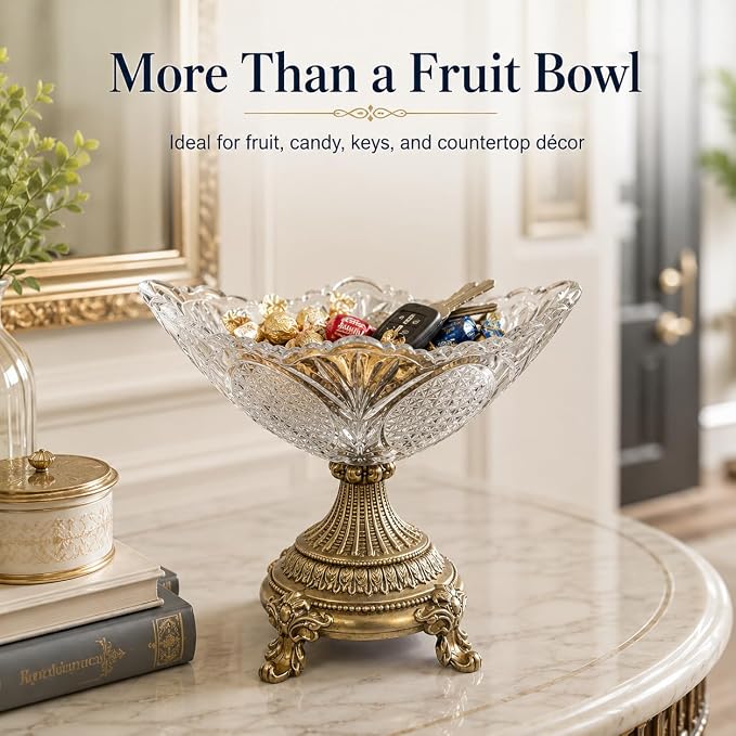 Glass Fruit Bowl，Decorative Bowl,Decorative Glass Bowl with Gold Pedestal, Kitchen Counter Fruit Bowls for Fruit Vegetable Candy and Key