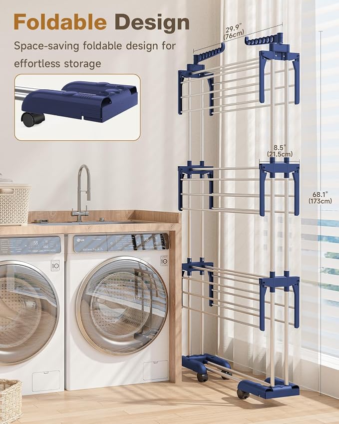 Bigzzia Clothes Drying Rack Folding with Wheels Drying Rack Clothing Clothes Horses Rack Stainless Steel Laundry Drying Rack with Two Side Wings 4 Tier Upgraded Grey Blue