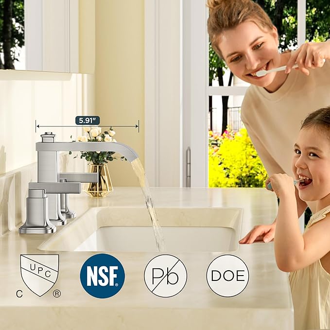 FORIOUS Brushed Nikcel Bathroom Faucet, 8 Inch Widespread Bathroom Vanity Faucets 3 Hole with Metal Pop Up Drain, Unique Waterfall Design