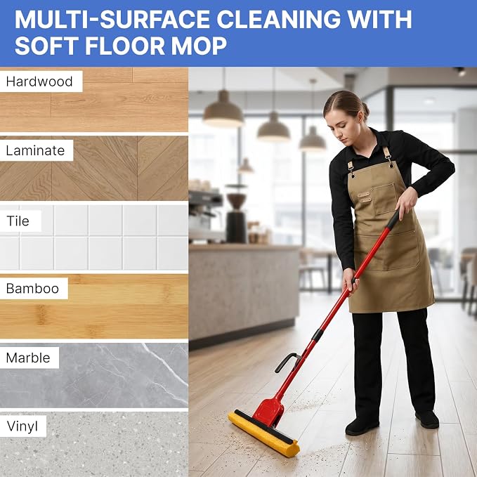 Commercial Sponge Mop for Floor Cleaning with 2 Compressed Cellulose Replacement Heads, Heavy Duty Industrial Mops for Hardwood Tile Laminate Marble, for Office Workshop Warehouse Garage Home Kitchen