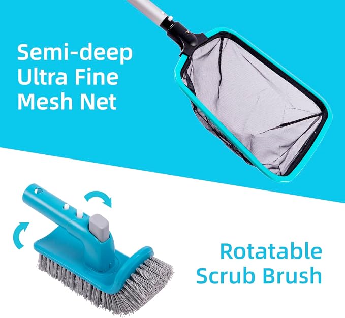 Sepetrel 4-Piece Pool Cleaning Kit, 17.5" Curved Wall Brush, Rotatable Hand Scrubber, Deep Bag Leaf Rake and Flat Skimmer Net (Pole Not Included) for Above Ground and Inground Pools
