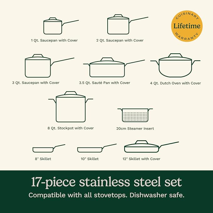 Cuisinart 17-Piece Stainless Steel Cookware Set, Chef's Classic Steel Collection with Pure Aluminum Core for Quick and Even Heat, Cool Grip Handles, Dishwasher Safe, 77-17N | Dishwasher-safe stainless steel pans and pots with riveted handles & aluminum...
