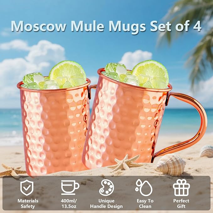 UNISWEET Moscow Mule Pure Copper Mugs - Set of 4-100% Pure Copper Hammered coffee cup, Perfect For Wine, Beer, Cold Drink, Bar, Party, Gifts (Square Copper Mugs)