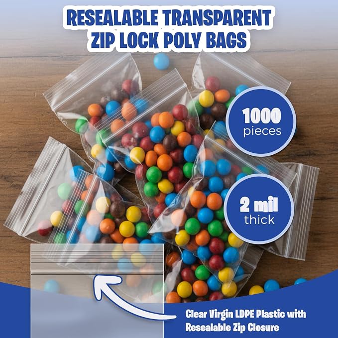 Seal Fresh 1.5 x 2 Inch Resealable Plastic Bags 1000 Pack — Clear Reclosable Mini Bags with Zipper Seal for Jewelry, Beads, Small Parts, Crafts, Hardware