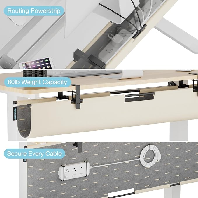 No Drill Under Desk Cable Management Tray, 30" Felt Cord Organizer | Clamp or Screw Mount, Converts to Privacy Panel, Pegboard Design, Wire Management for Standing Desk & Home Office