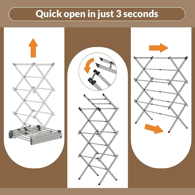 Collapsible Floor Drying Rack - Free Standing Accordion Laundry Dryer, Retractable Metal Clothes Hanger with Shoe Storage, Heavy Duty Rustproof Airer for Bathroom, Balcony & Delicates