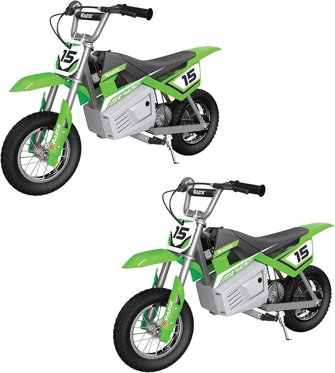 Razor MX400 Dirt Rocket 24V Electric Toy Motocross Dirt Bike with Hand-Operated Brakes and Retractable Kickstand, Green (2 Pack)