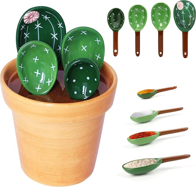 Cactus Measuring Spoons Set in Pot Cute Ceramic Kitchen Measuring Cups and Spoons Set with Holder for Baking Salt Sugar