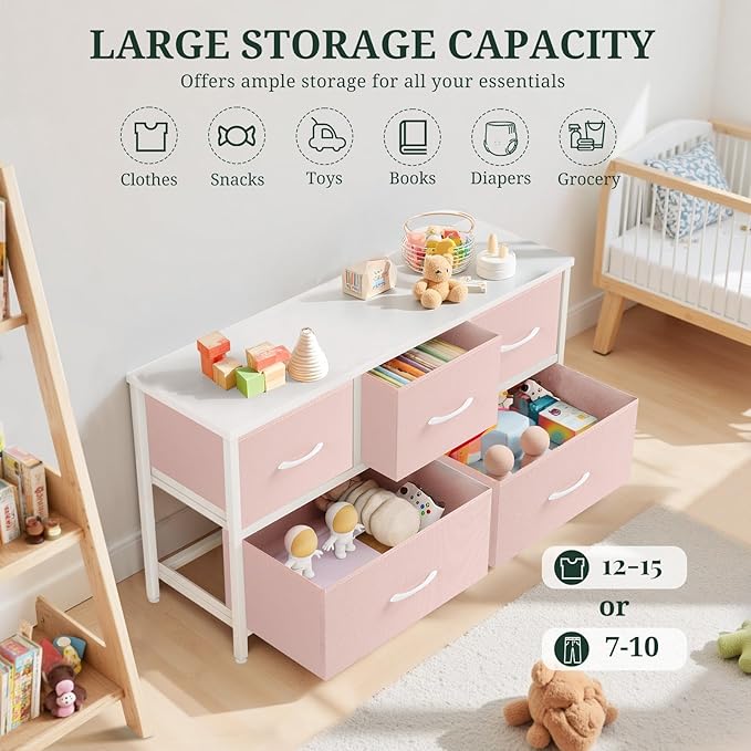 5-Drawer Dresser for Bedroom, Anti-Tip Wide Storage Organizer Fabric Chest of Drawers TV Stand for 45" TV with Wooden Top and Metal Frame for Closet, Living Room, Hallway, Entryway, Pink