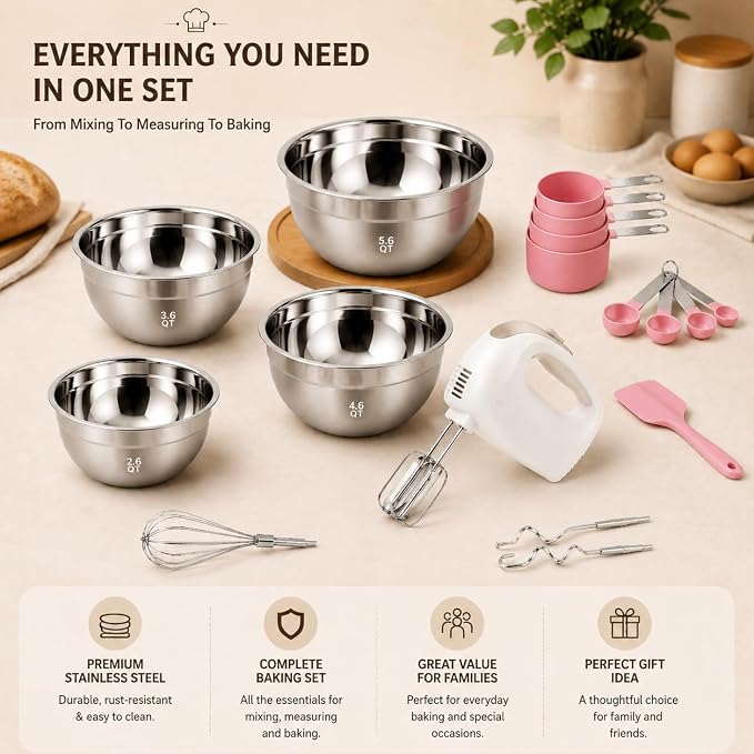 Hand Mixer Electric with 4 Stainless Steel Mixing Bowls, Measuring Cups & Spoons, Silicone Spatula, 5-Speed Handheld Electric Mixer for Baking Cake, Cookies, Whipping Cream