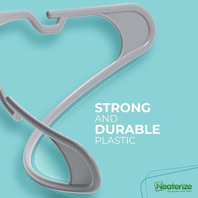 NEATERIZE Clothes Hangers Plastic 100 Pack for Adults - Plastic Hangers, The Perfect Coat Hanger and Space Saving Clothes Hangers for Closet - Grey Hangers