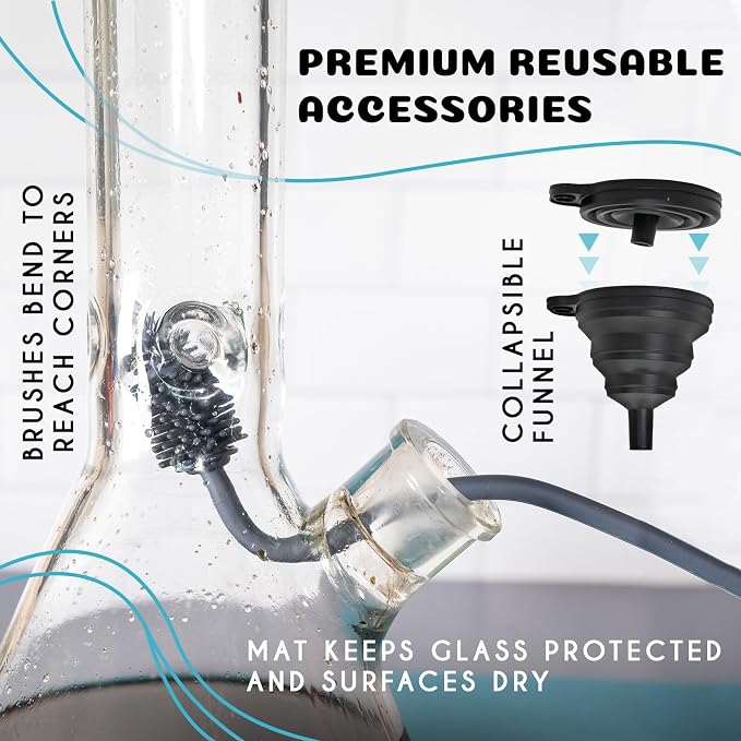 nugbuddy Glass Cleaning Kit - Reusable Silicone Accessories - Complete Kit to Clean your Piece, Just Add Cleaner - Reusable Soaker Bag, Brushes, Mat, Caps & Plugs, Funnel, & Microfiber Towel