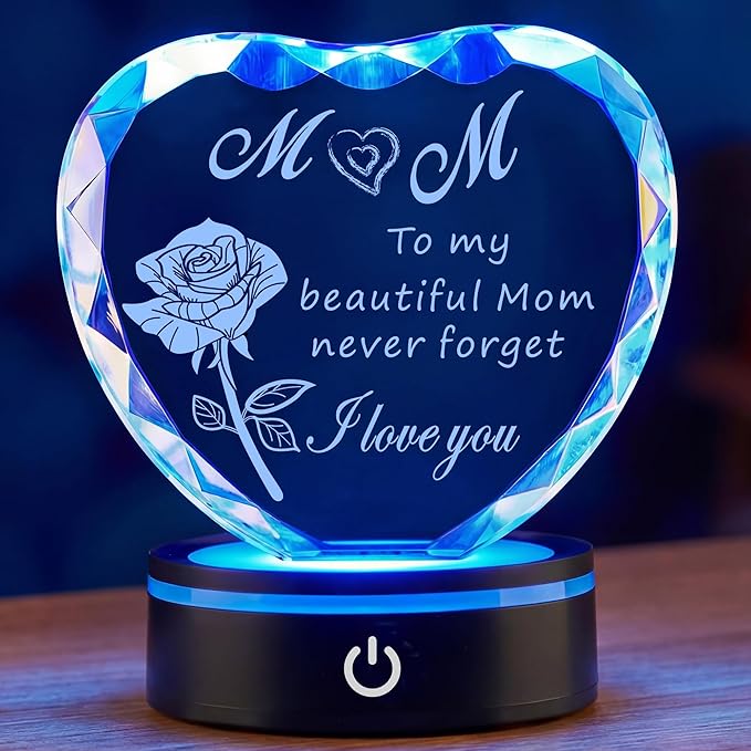 Heart Shaped Crystal Plaque for Mom, Laser Engraved Gift with Color Changing LED Light Base, Mothers Day Birthday Christmas Gift from Daughter Son