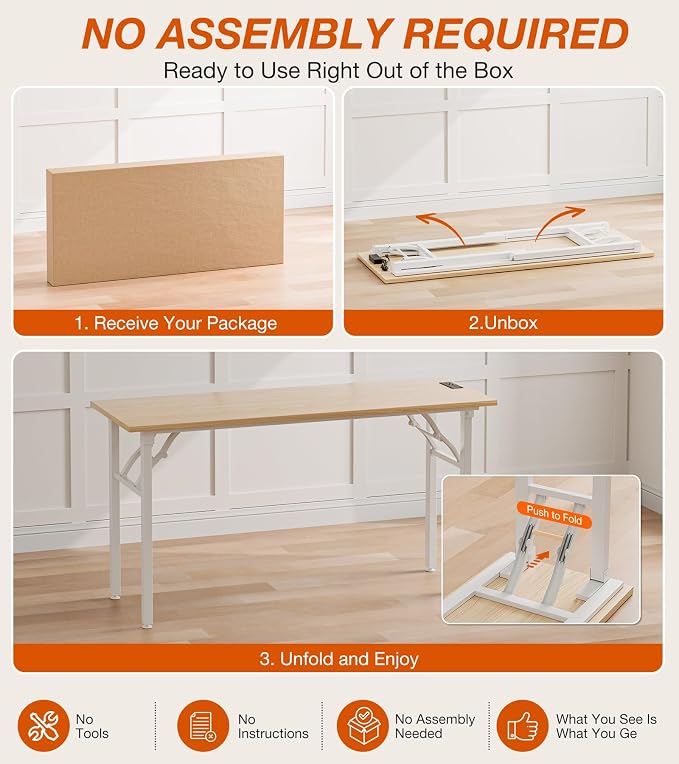 XBurmo Small Folding Desk Folding Table, No Assembly Foldable Desk Gaming Desk, 55.1-Inch Computer Table Workstation with 2 AC Outlets and 2 USB Ports for Bedroom and Home Office, Light Maple