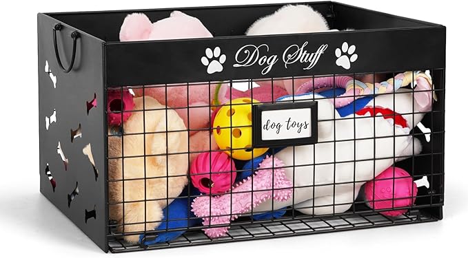 Bfttlity Dog Toy Basket - Large Dog Toy Box with Handles and Label Position Design for Living Room, Metal Dog Toy Bin Storage for Dogs Chew Pets Toys, Blankets, Clothes, Food (Black)