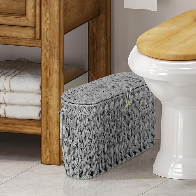Coeusy Toilet Paper Storage Basket with Lid,Wicker Toilet Paper Holder Stand,Narrow Decorative Woven Bathroom Basket Organizer,Free Standing Grey