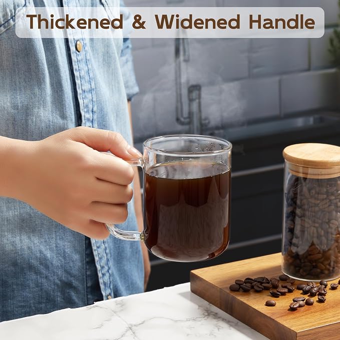 Glass Coffee Mugs, 12 oz iced coffee cups, Clear Tea Cups Set of 2, Glass Mugs with Handles, Glass Cups for Latte, Cappuccino, and Tea
