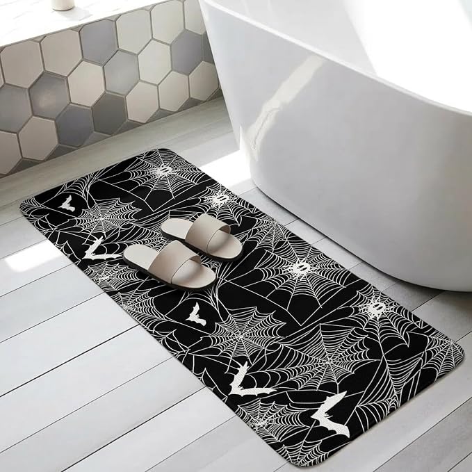 Halloween Bathroom Runner Rugs Non Slip Washable Absorbent Narrow Long Bath Mat Black Scary White Bat Animal Net Geometric Runner Rugs for Kitchen Hallway Bedroom Laundry Study Room 15.7"x47.2"