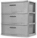 Sterilite 3 Drawer Wide Weave Storage Tower, Plastic Decorative Drawers to Organize Clothes in Bedroom, Closet, Gray with Gray Drawers, 1-Pack