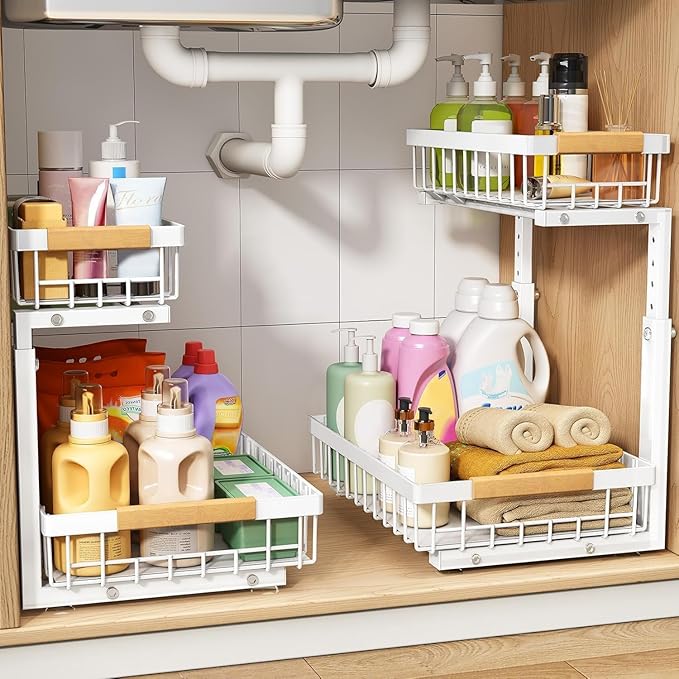 PXRACK Under Sink Organizer, Adjustable Height, 2 Tier Pull Out Under Cabinet Organizer, Slide Out Thickened Metal Under Sink Storage for Kitchen Bathroom Laundry Pantry Cabinet, White, Small-2-Pack