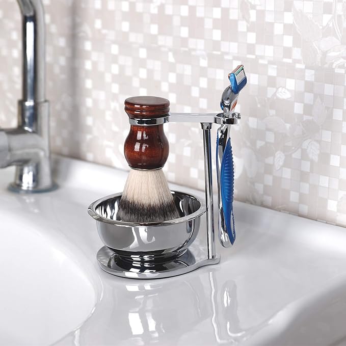 Deluxe Stainless Shave Razor Stand + Shaving Soap Bowl with Shaving Brush,Compatible with Gillette Fusion,Double Edge Safety Razor,Cartridge Razor