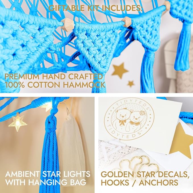 TIDYTEDS Macrame DreamLights Boho Stuffed Animal Storage Net Hammock Extra Large Plush Toy Storage Holder For Small Or Large Plushies BLUE