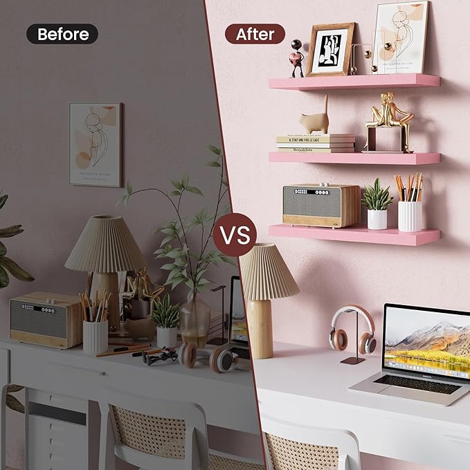 BAYKA Pink Floating Shelves for Wall Set of 3, 15.7in Wood Wall Shelves for Bathroom, Bedroom, Living Room Decor Organize, Hanging Shelf for Books/Storage/Display with 22lbs Capacity