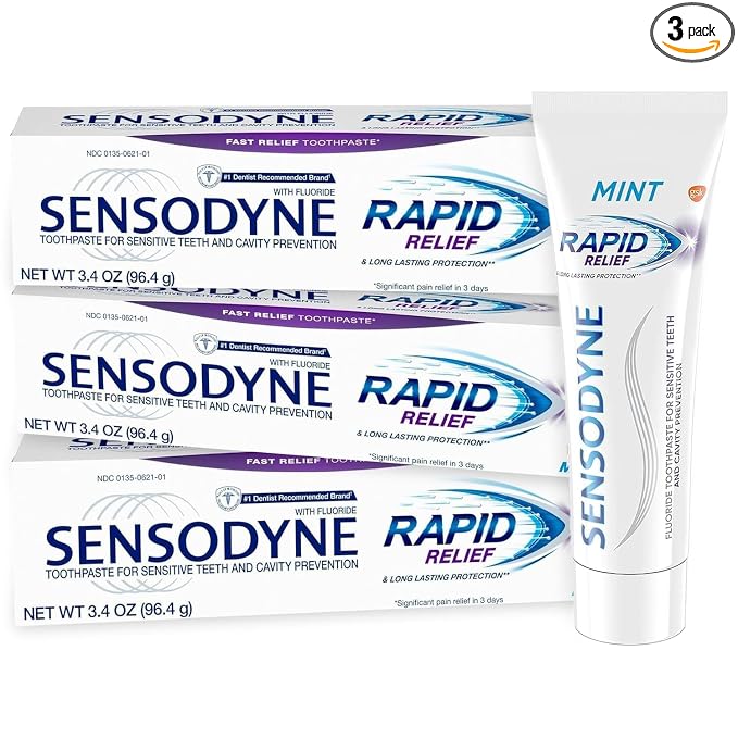 Sensodyne Rapid Relief Toothpaste for Sensitive Teeth, Mint with Fluoride, Adult Sensitive Toothpaste for Painful Teeth and Gums, Long Lasting Protection, 3.4 oz (Pack of 3)