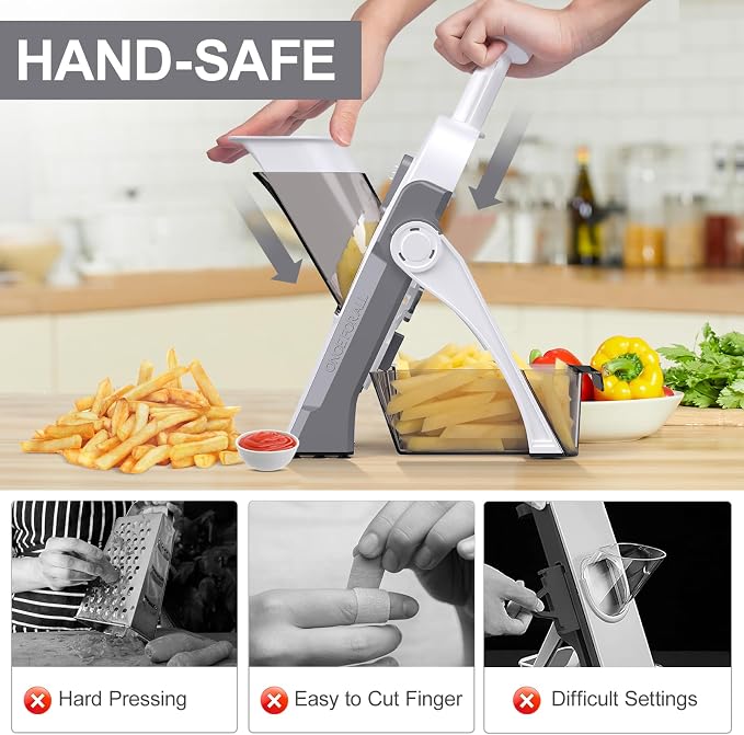 Safe Mandoline Slicer for Kitchen, Meal Prep, Potato Slicer, Adjustable/Easy to Clean/Storage, Kitchen Chopping Artifact, French Fry Cutter, Paring Knife/Cleaning Brush (only Slice, LightGrey)