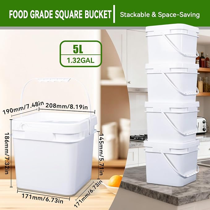 Square Clear Plastic Bucket Set - 4 Packs Airtight Storage Containers with Pressure Lids & Handle, Food Grade for Home & Outdoor (White, 1.3 gal)