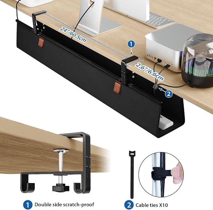 Zilink No Drill Under Desk Cable Management Tray 40" Cord Organizer for Table Clamp/Screw Mount Cable Management Under Desk Waterproof Fabric Cable Management Tray for Office, Home