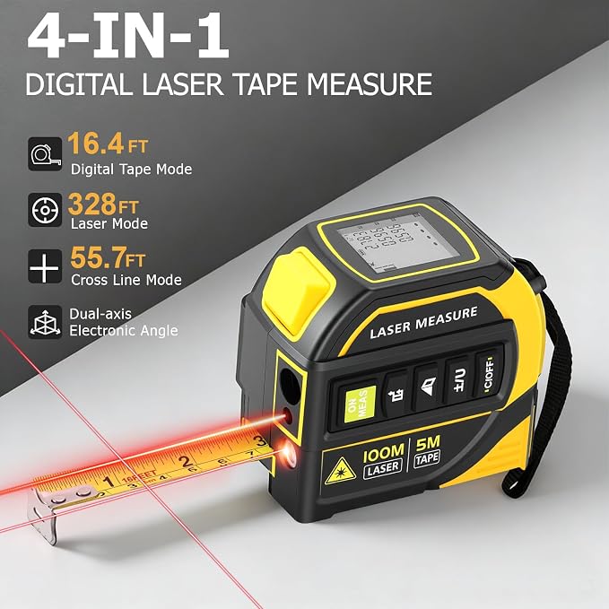4-in-1 Digital Laser Tape Measure, 328ft/100m Laser Distance Meter with 16ft/5m AutoLock Measuring Tape, Dual-axis Angle, Cross-Line Leveling, Class II Laser Product, Output < 1mW