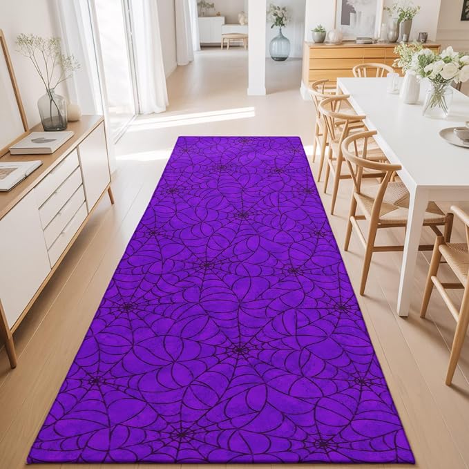 Hallway Runner Rug 2'x6', Purple Halloween Washable Bathroom Area Rugs for Kitchen Bedroom Laundry, Black Spiders Net Classic Gingham Non Slip Door Mat Indoor Entrance Floor Throw Bedsides Carpet