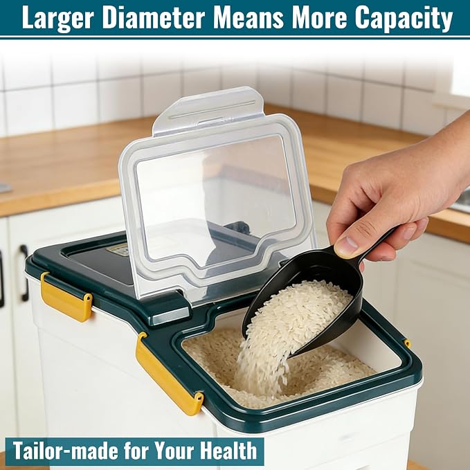 2 Pack Rice Container 25 lbs Large Bulk Flour Sugar Storage Holdhouse Plastic Grain Cereal Dry Goods Bin with Spoon and Measuring Cup for Kitchen Pantry Organization - Blue