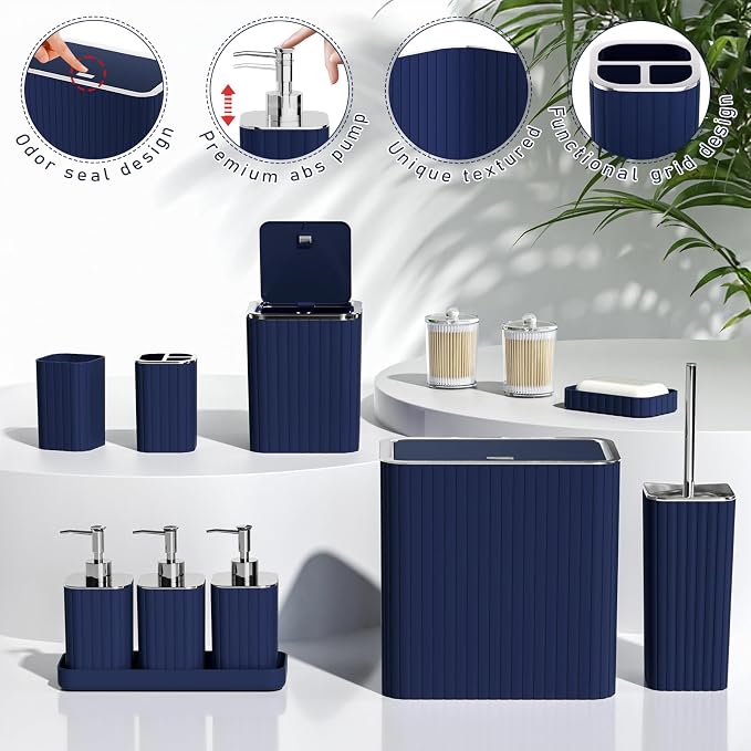 Bathroom Accessory Set - Bathroom Set, 27PC Bathroom Accessories Set, Navy Blue Bathroom Sets with Shower Curtain and Rugs, Mini Trash Can, Toilet Brush, Trash Can & Soap Dispenser