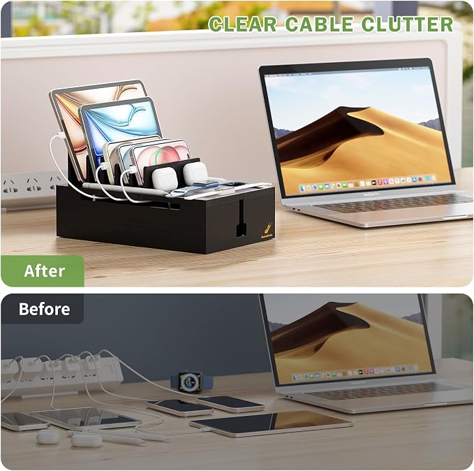 Pezin & Hulin Bamboo Charging Station for Multiple Devices, USB Charger Dock Organizer, with Power Supply (10 Ports HUB), 6 Cables, Cable Management Organizer for Cell Phones, Tablets -Black