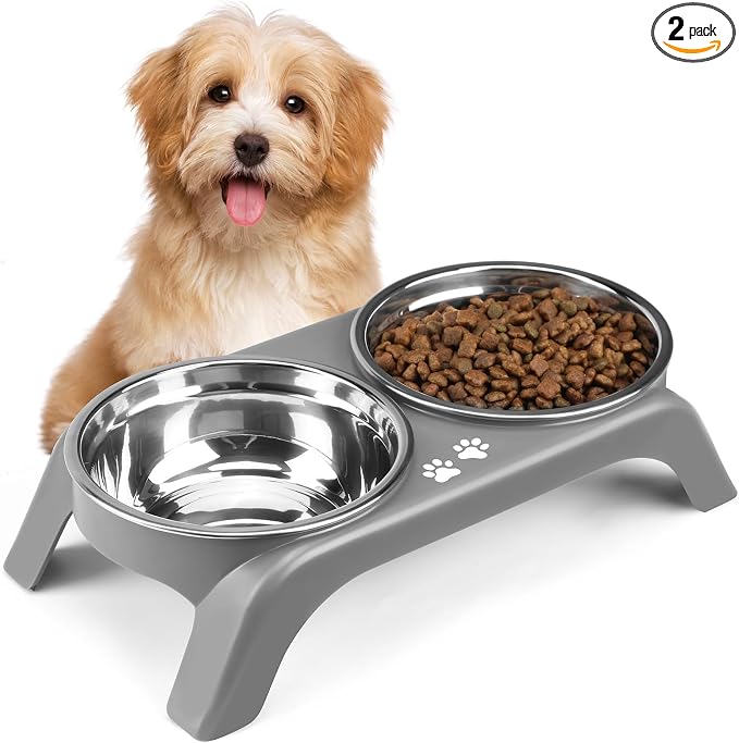 Elevated Dog Bowls for Small Dogs, 3” High Raised Dog Bowl Stand with Dual 5” Stainless Steel Bowls Non-Slip Pet Feeder for Puppy and Cats, Dishwasher Safe, Grey