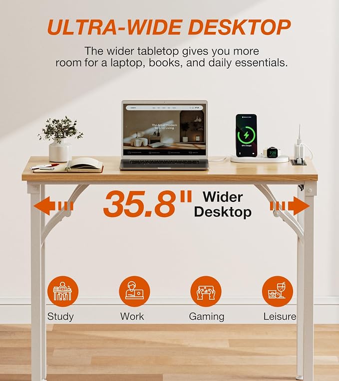 XBurmo Small Folding Desk Folding Table, No Assembly Foldable Desk Gaming Desk, 35.8-Inch Computer Table Workstation with 2 AC Outlets and 2 USB Ports for Bedroom and Home Office, Light Maple