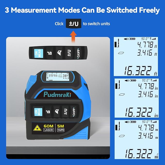 4-in-1 Laser Tape Measure 196.85Ft Laser Ranging 16.4ft Auto-Locking Tape Measure with Backlight LCD Screen, Area, Volume Measurement, Pythagorean Mode, Ft/in/m Unit Switching