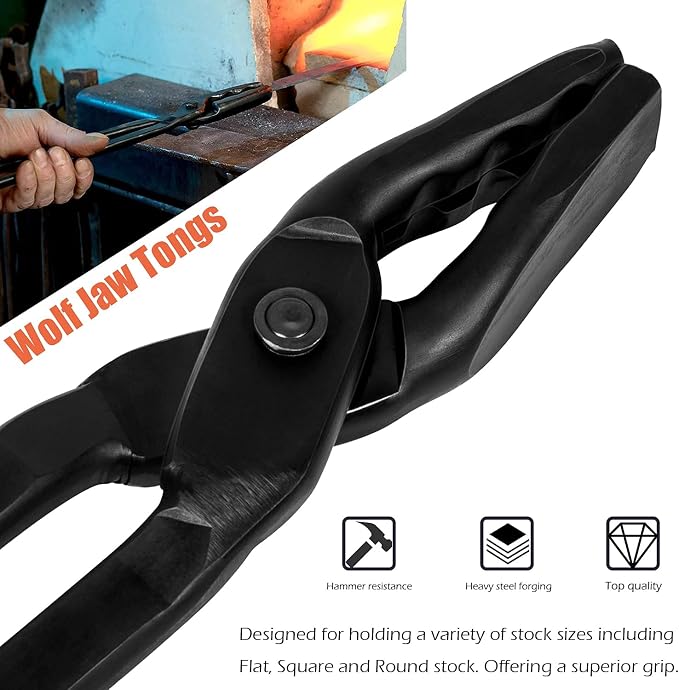 Blacksmith Tongs Set - Wolf Jaw & V-bit Tongs for Forging & Knife Making | Professional Blacksmith Tools for Bladesmiths, Beginner & Expert Blacksmithing